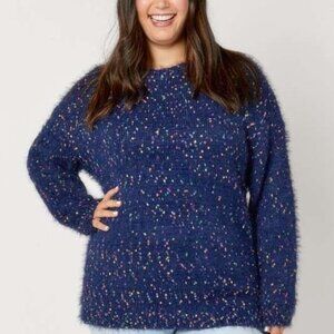 DAVI & DANI Plus Size Navy Blue Fuzzy Sweater with Multicolor Speckles